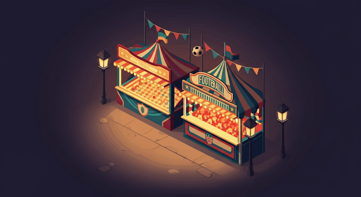 Illustration of a carnival sideshow alley lined with striped game stalls under fairy-lights